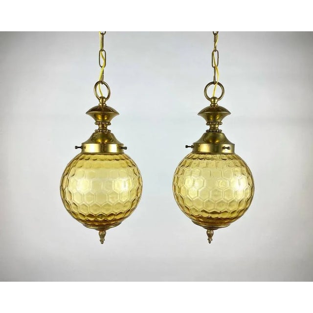Metal Vintage Ceiling Lamp in Gilt Brass and Textured Glass, Belgium, 1980s For Sale - Image 7 of 7