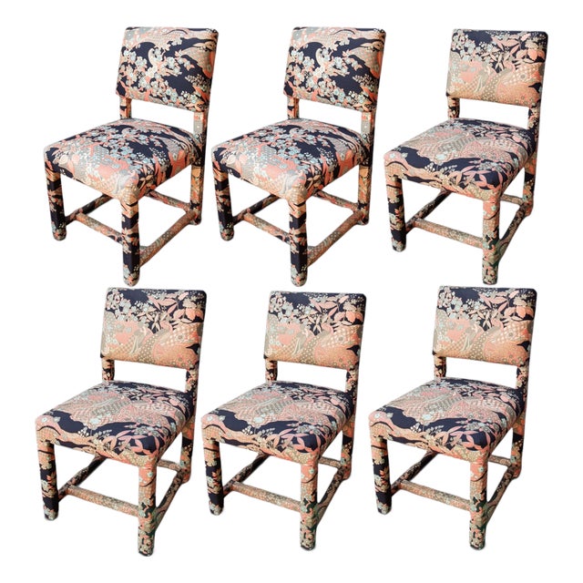 Mid-Century Parsons Dining Chairs, Upholstered in Vintage Japanese Designer Textile, Milo Baughman Style, Set of 6 For Sale