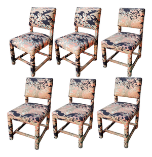Mid-Century Parsons Dining Chairs, Upholstered in Vintage Japanese Designer Textile, Milo Baughman Style, Set of 6