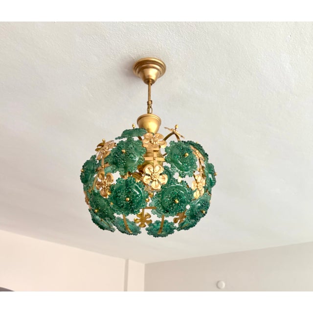 Turquoise 1970s Mid-Century Modern Style Teal Turquoise Hand-Painted Glass and Gold Floral Chandelier⁠ For Sale - Image 8 of 17