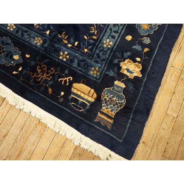 1920s Antique Navy Blue Vase Floral Deco Antique Chinese Peking Knotted Rug For Sale - Image 9 of 9