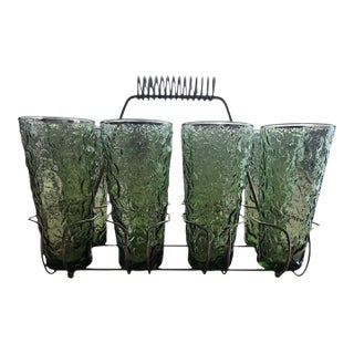 Mid 20th Century Mid Century Modern Anchor Hocking Lido Milano Eight Glass Set With Carrier - Set of 9 For Sale