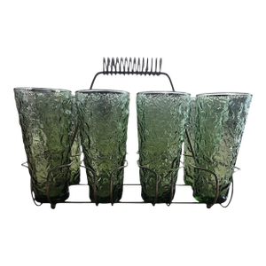 Mid 20th Century Mid Century Modern Anchor Hocking Lido Milano Eight Glass Set With Carrier - Set of 9