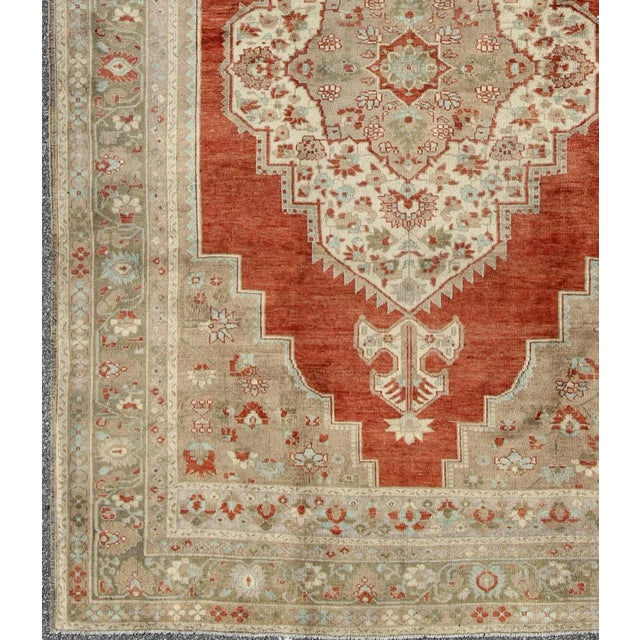 Textile Mid 20th Century Turkish Oushak Rug in Orange Red, Light Green, Warm Taupe and Cream Colors For Sale - Image 7 of 10