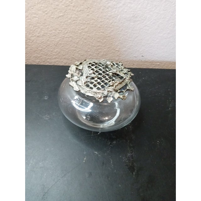 American Gorgeous Pair of Potpourri Squat Vases With Filigree Pewter Lids For Sale - Image 3 of 7