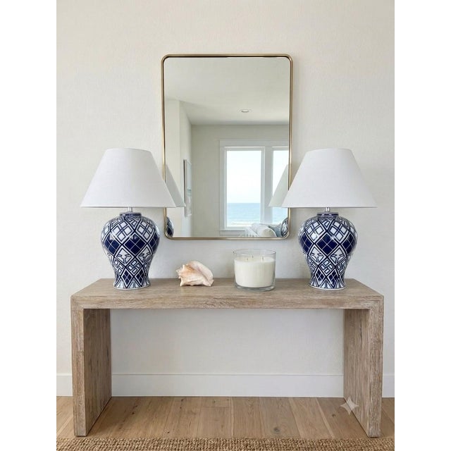 Modern Vintage Aalia Navy Blue and White Geometric Porcelain Ginger Jar Table Lamps - a Pair For Sale - Image 3 of 18