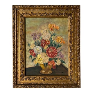 1970s Vintage Jeannette Floral Still Life Oil on Canvas Painting, Gilt Framed For Sale