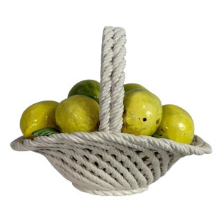 Vintage 1960s Italian Majolica Ceramic Lemon Basket With Handle For Sale