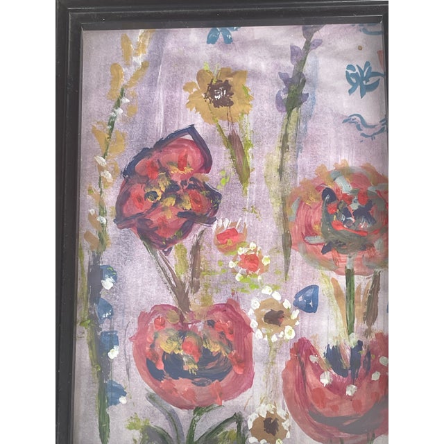 Mini abstract floral painting Hedgehog Garden Series by Elia, acrylic on paper, framed.
