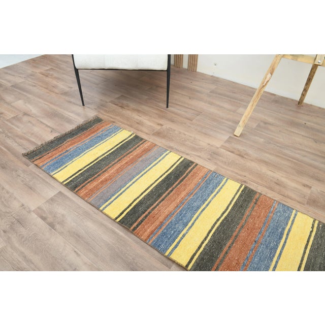 Striped Colorful Turkish Vintage Runner Rug Kilim For Sale In San Francisco - Image 6 of 9