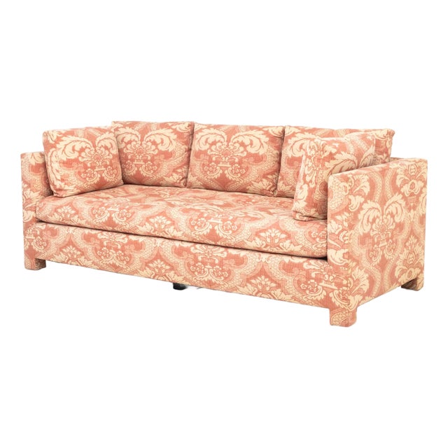 Pink and White Linen Upholstered Three-Seat Sofa For Sale