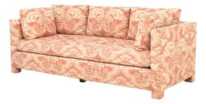 Pink and White Linen Upholstered Three-Seat Sofa