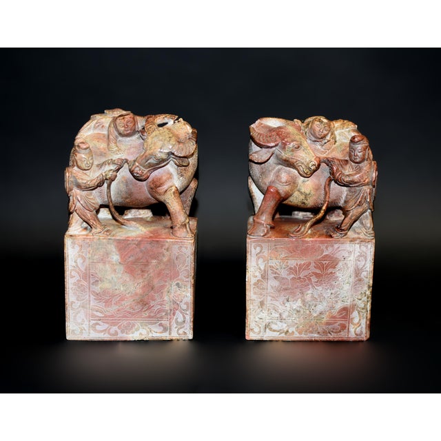 Pair Large Antique Stone Statues Bookends Boy and Buffalo For Sale - Image 10 of 12