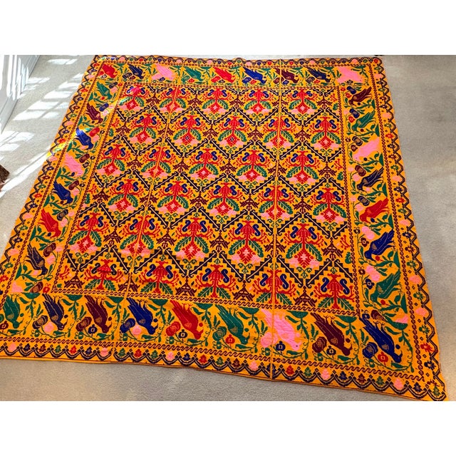 Textile Large Tangerine Hand-Knotted Embroidered Bird Throw/Spread For Sale - Image 7 of 8