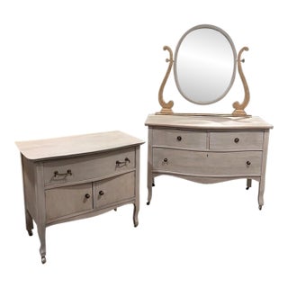 1940s Birds Eye Maple Dresser and Nightstand With Maple Harp Mirror For Sale