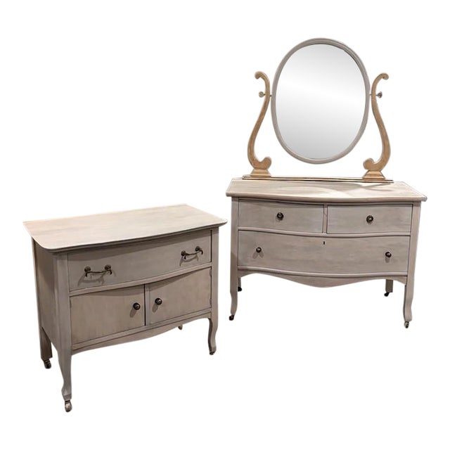 1940s Birds Eye Maple Dresser and Nightstand With Maple Harp Mirror For Sale
