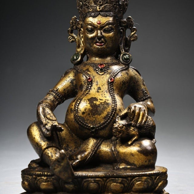 1940s Gilt Bronze Jambhala (Yellow Wealth God) Statue - 7.1" Tall For Sale - Image 4 of 6