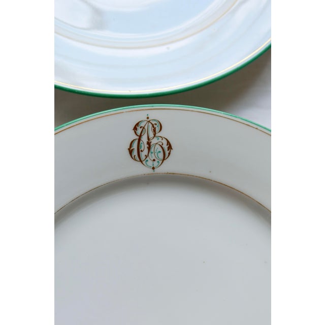 Antique Porcelain Dessert Plates with CB Monograms and Green and Gilt Borders from Limoges, 1960s, Set of 6 For Sale - Image 4 of 9