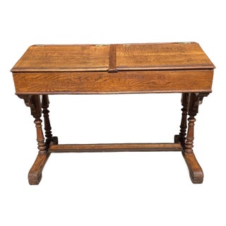 Antique English Slant-Top Gothic Revival Oak Double School Desk For Sale
