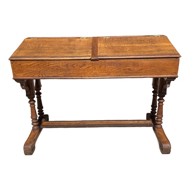 Antique English Slant-Top Gothic Revival Oak Double School Desk For Sale