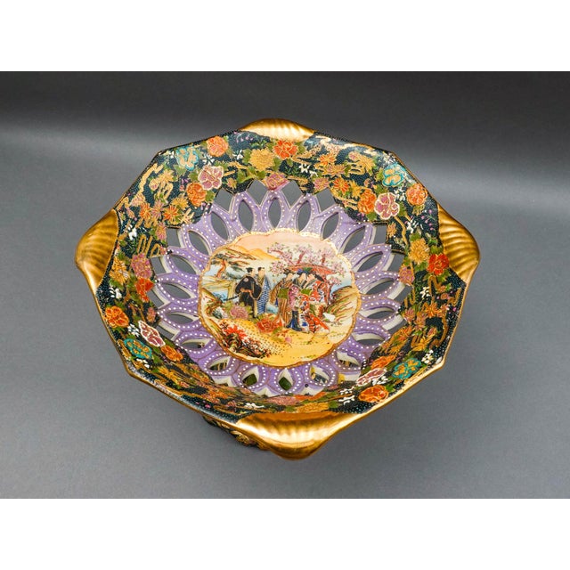 Mid 20th Century Royal Satsuma Handpainted Moriage Reticulated Pedestal Centerpiece Bowl Compote For Sale In Miami - Image 6 of 10