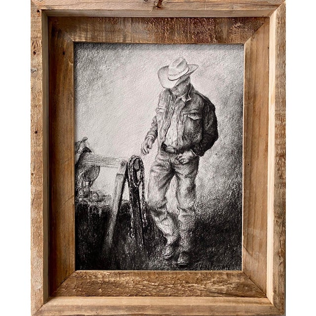 The artwork depicts a solitary figure in a cowboy hat, standing thoughtfully beside a rustic stable setting. Rendered in...