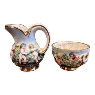 Capodimonte Porcelain Cherub Themed Petite Pitcher and Bowl For Sale