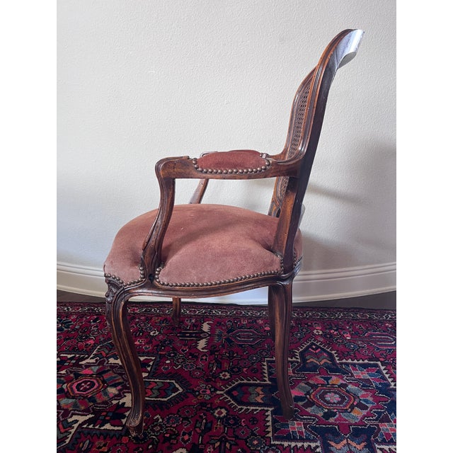 Brown Vintage Chateau d'Ax French Provincial Louis XV Fauteuil Armchair Suede Leather, Cane Back, Wernermeier Industries Inc For Sale - Image 8 of 12