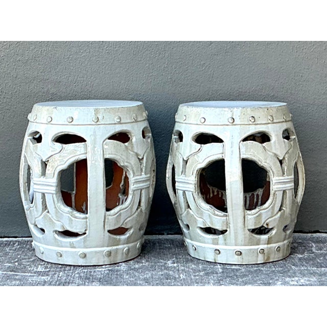 Chinoiserie Vintage Linked Rings Glazed Ceramic Garden Stools - A Pair For Sale - Image 3 of 12