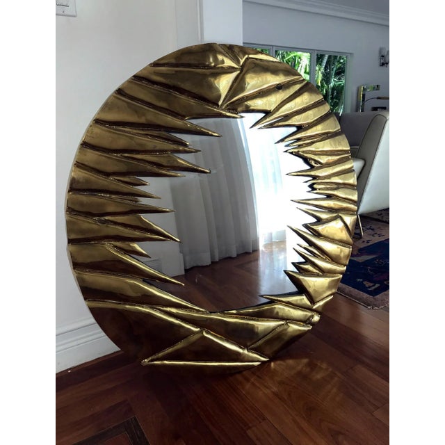 Brutalist French Brass Artisanal Mirror by Alain Chevert For Sale - Image 3 of 10