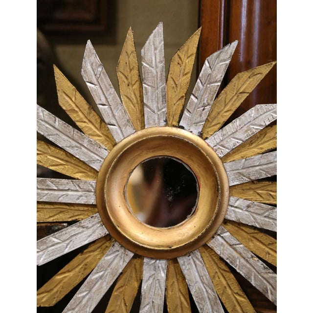 Late 20th Century Vintage French Carved Two-Tone Gilt and Silver Painted Sunburst Wall Mirror For Sale - Image 5 of 7
