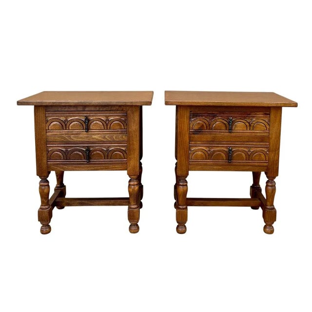 Spanish Oak Bedside Tables with Drawers and Iron Hardware, 1950s, Set of 2 For Sale - Image 11 of 11