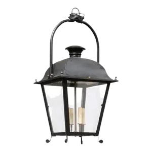 French 20th Century Black Iron Four-Light Lantern with Glass Panels
