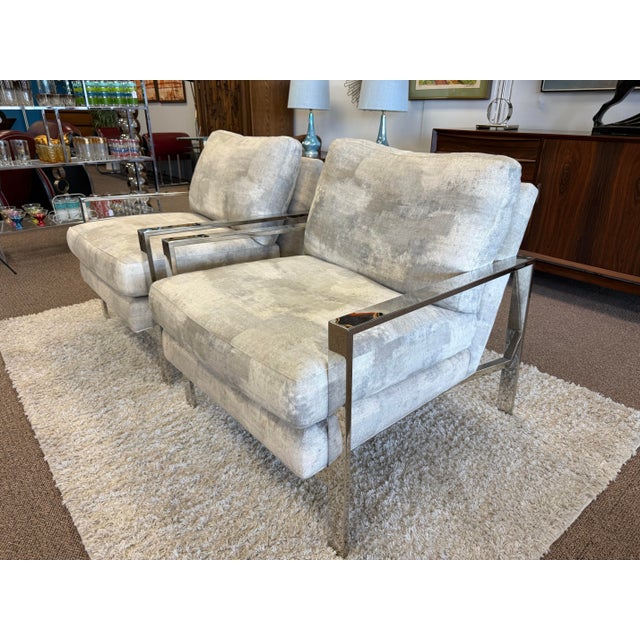 Mid-Century Modern Pair of Mid Century Modern Style Chrome Upholstered Lounge Chairs by Arhaus For Sale - Image 3 of 12