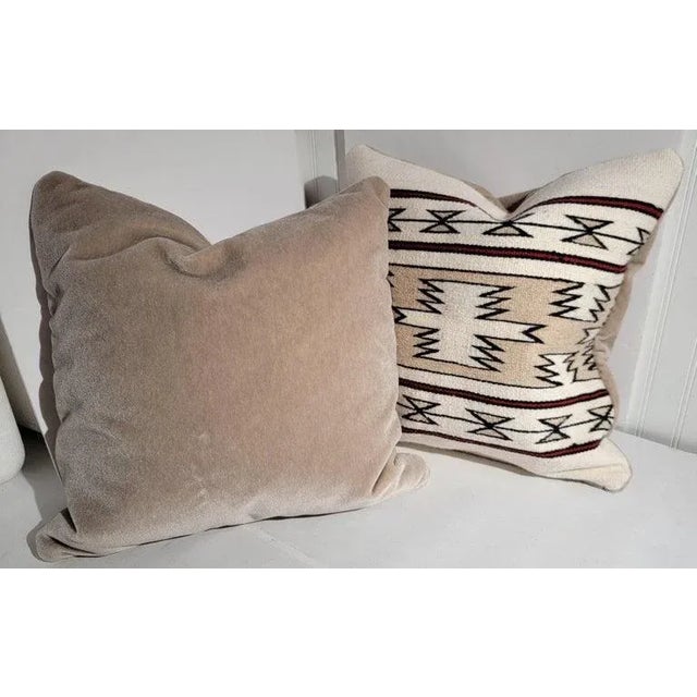 Fantastic light colored Navajo Indian weaving pillows with a eggshell mohair backing.The inserts are down & feather fill....