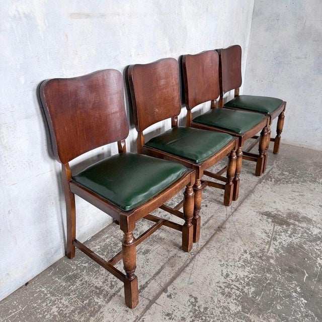 Wood Arts and Crafts Art Deco Oak Dining Chairs with Green Vinyl Seats, Set of 4 For Sale - Image 7 of 9