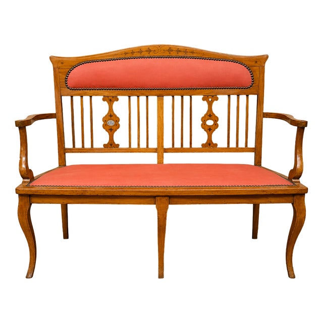 Art Nouveau Bench in Marquetry Fruitwood, 1890s For Sale