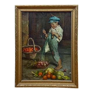 Antique 19th Century Italian Oil Painting by Adolfo Dumini Boy Weighing Vegetables in Ornate Gold Frame For Sale