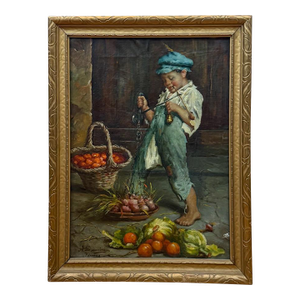 Antique 19th Century Italian Oil Painting by Adolfo Dumini, Boy Weighing Vegetables in Ornate Gold Frame