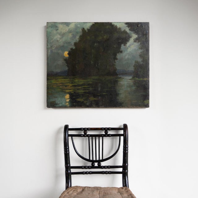 Romantic Moonlight River Landscape, Vintage Original Impressionist Oil Painting, Early-Mid 20th Century For Sale - Image 9 of 10