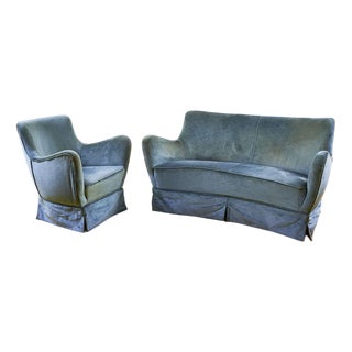 Blue Velvet Sofa and Armchair, Set of 2 For Sale