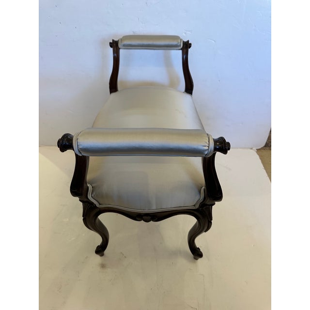 Carved Mahogany Bench With Grey Silk Upholstery For Sale - Image 11 of 11