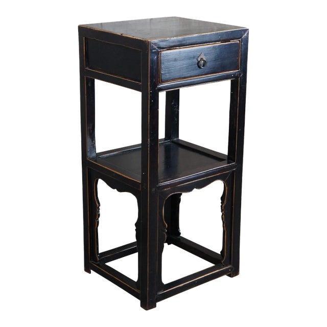 Late 19th Century Antique Chinese Qing Dynasty Black Lacquer Elm Tiered Side Table Pedestal Stand For Sale