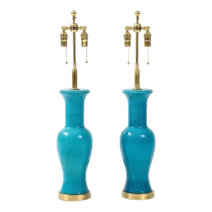 Pair of Cerulean Blue Crackle Glaze Lamps