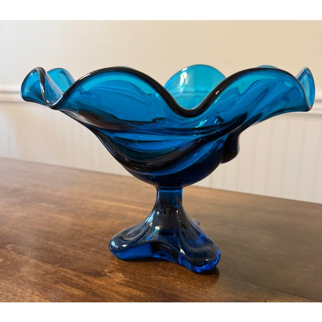 Viking Art Glass Bluenique Epic Three Footed Compote For Sale - Image 11 of 12