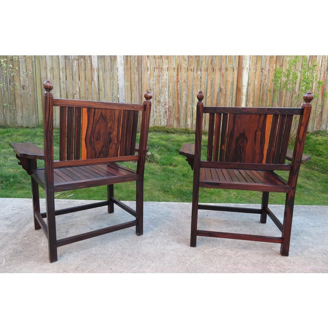 Vintage ~ Mortise Tenon Arts & Crafts Style ~ Exotic Wood Arm Chair Pair ~ Ziricote Macassar ~ Mid Century Rosewood For Sale - Image 11 of 15