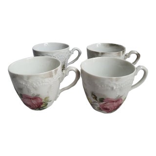 Late 19th Century Hand Painted Peonies on Porcelain Leuchtenburg,Germany Demitasse Tea Cups - 4 pcs For Sale