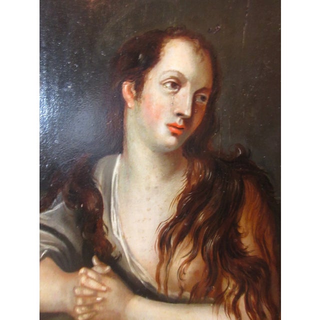 Paint Antique 18th Century Saint Mary Magdalene Skull Religious Oil Painting on Panel For Sale - Image 7 of 11