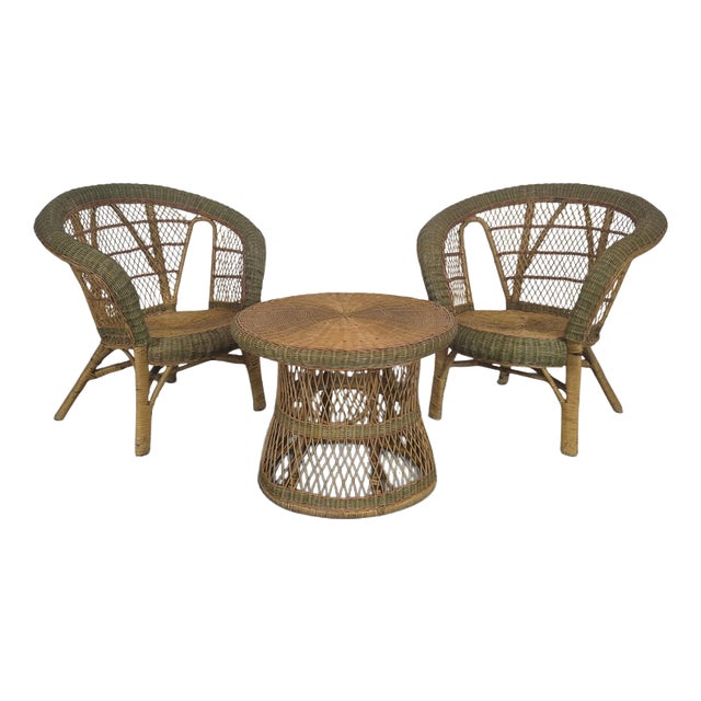 Rattan and Wicker Living Room Set with Armchairs and Coffee Table, Set of 3 For Sale
