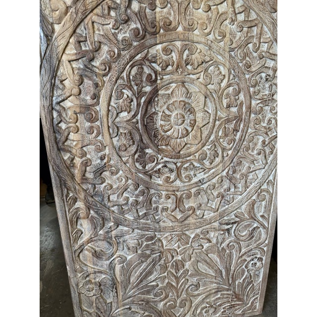 A striking expression of bohemian artistry, this vintage barn door features an intricately hand-carved lotus mandala,...